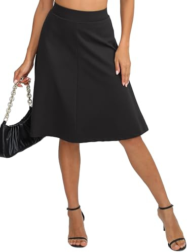 EXCHIC Donne Elegante A-Linea Vita Alta Midi Gonna Flared Affari Ufficio Lunga Elastica Gonne(L, Nero)
