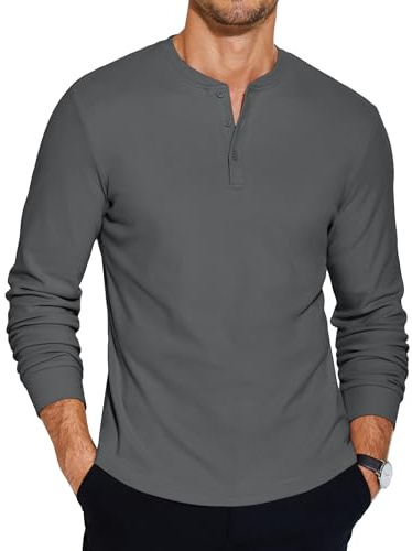 COOFANDY Henley Shirt Herren Langarm Basic Pullover Longsleeve Langarmshirt Knopfleiste Dunkelgrau S