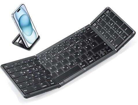 OMOTON Bluetooth-Faltbare-Tastatur, Kabellose Mini Keyboard mit 3 Kanäle für Windows/iOS/Android/Mac, Wiederaufladbare Klapptastatur in Voller Größe mit Ziffernblock, Schwarz
