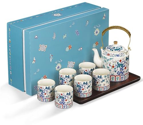 fanquare Juego de Té Chino Tetera y Tazas de Porcelana de Color Ciruela Bambú Pino con Infusor para Adultos Regalos, Una Tetera con 6 Tazas