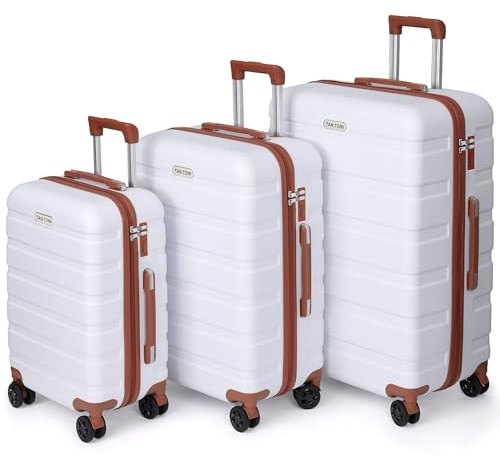 TANTOMI Kofferset 3-teilig, ABS Hartschalenkoffer Set, Reisekoffer Set mit Rollen, Gepäck-Sets (20/24/28 Zoll, Weiß/Braun)