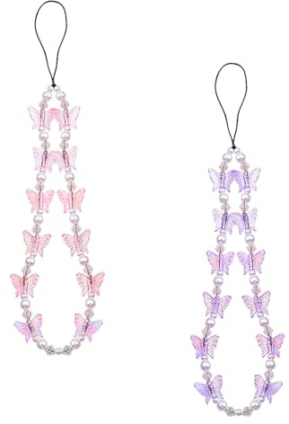 Luckious 2 PCS Beaded Mobile Phone Pendant, Butterfly Lanyard Wristband, Colourful Phone Chain Keychain for Women, Girls (Pink + Purple)
