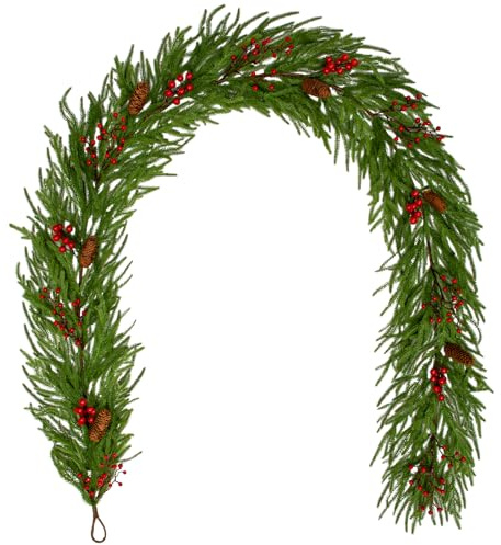 Oairse Ghirlanda natalizia artificiale con pigne e bacche rosse, 270 cm, realistica decorazione da appendere per camino, caminetto, scale, porte, finestre, vacanze, interni ed esterni