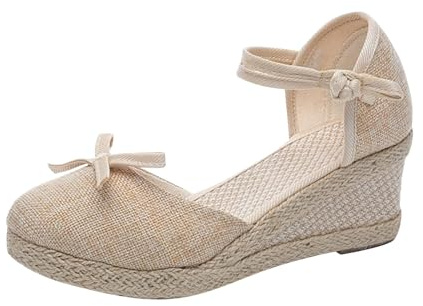 Sandalias Mujer - Verano Mujeres Hebilla Espadrille - Sandalias de Cuña de Plataforma - Moda Versátil Lino Trenzado Zapatos Transpirables - Cerradas Redondas Sandalias Casual, Zbeige6, 38