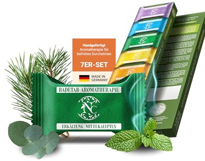 Nature Cosmétique Set di 7 pastiglie da bagno per aromaterapia, raffreddore, aromaterapia per momenti di benessere rilassati, bomba da bagno con oli essenziali, idea regalo, made in Germany