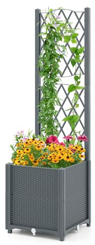 HOMASIS Blumenkasten mit Rankgitter, Pflanzenkasten mit Spalier & Selbstbewässerung, Pflanzkübel Gartenspalier für Kletterpflanzen, Rankkasten Hochbeet für Balkon Garten Terrasse (Grau, 40x40x140cm)