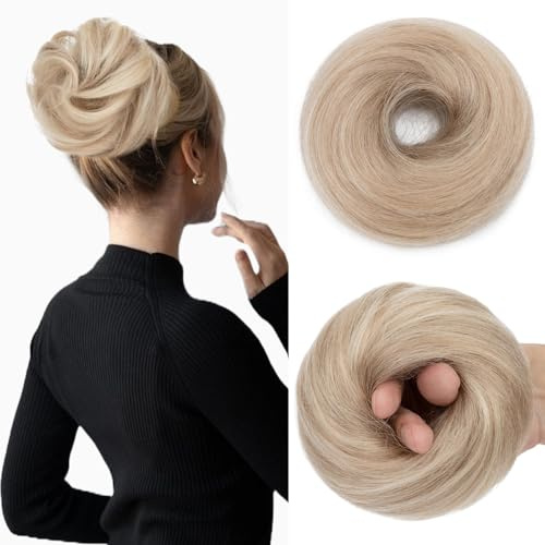 Benehair Hair Buns Real Remy Human Scrunchy Updo Hair Piece #18 Ash Blonde Elastic Messy Bun Donut Accessories Scrunchies Updo Ponytail Extensions 25g