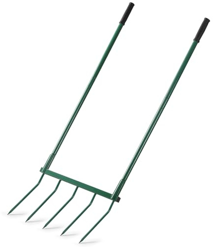 Homwin Broadfork Garden Tool with Steel Handle Heavy Duty Five Tines Broad Fork for Gardening Loosening and Aerating Soil, U-Shaped Design Hand Tiller, Compost Turner and Aerator
