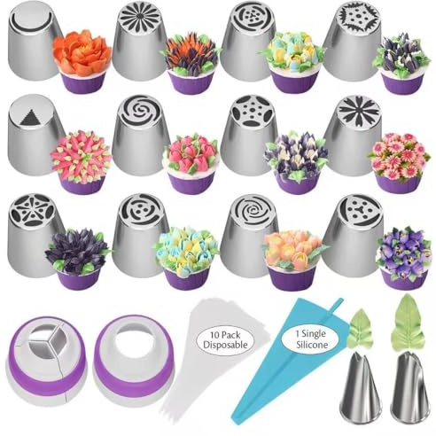 Spritsmunstycken for tårtkaka, rostfritt stål, 27 st spritsmunstycken, set med tårtdekorationstillbehör, 12 munstycken for blomfrosting, glasyrdispensrar, blad, 2 kopplingar, 11 bakpåsar