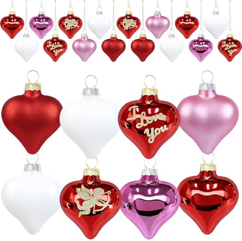 Set de 16 Decoraciones Colgantes de Vidrio con Forma de Corazón Adornos Románticos para San Valentín Aniversario de Matrimonio Día de la Madre Decoración para el Hogar Fiestas y Árbol de Corazones