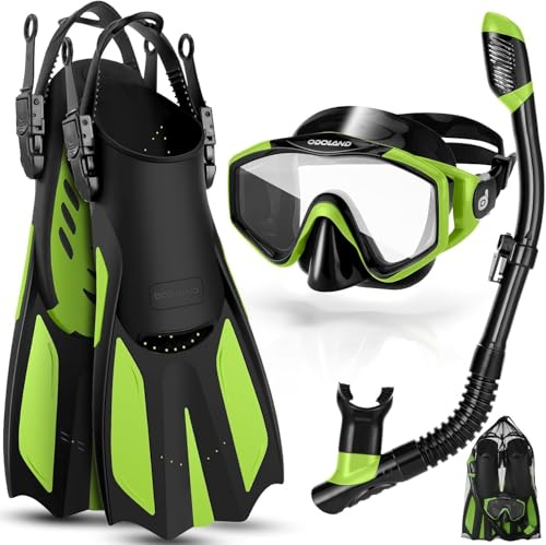 Snorkel Set for Adults, Anti-Fog Diving Mask with Dry Top Snorkel & Swim Fins, Wide View Scuba Flippers Snorkeling Gear for Men Women Youth