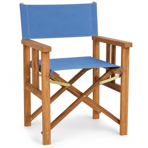 TEMPO STYLE Teak CANNES hopfällbar regissörsstol i trä | Utomhusfåtölj med armstöd, platsbesparande för trädgård, terrass och camping | 58 x 58 x 85 cm (Blå duk)