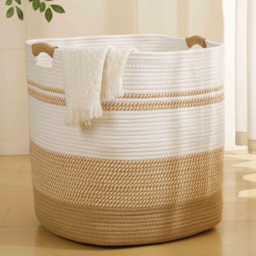 Grand Corbeille à linge, Panier à linge pour bébé, Panier en corde de coton tressée de 93L pour couvertures, rangement pour le salon, corbeille à vêtements sales, panier haut