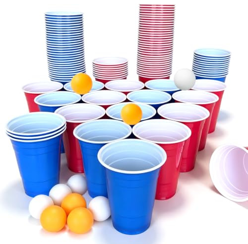 SEDEX Beer Pong Cups Set of 100 Plastic Cups with 10 Balls Hard Plastic Party Cups for Camping Birthday Wedding Christmas Festival Party Drinking Games 16 oz 473 ml (50 Red + 50 Blue)