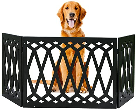 Etna 3-Panel Diamond Design Wood Pet Gate - Decorative Black Tri Fold Dog Fence for Doorways, Stairs - Indoor/Outdoor Pet Barrier - 24-48 Inches Wide x 19 Inches Tall