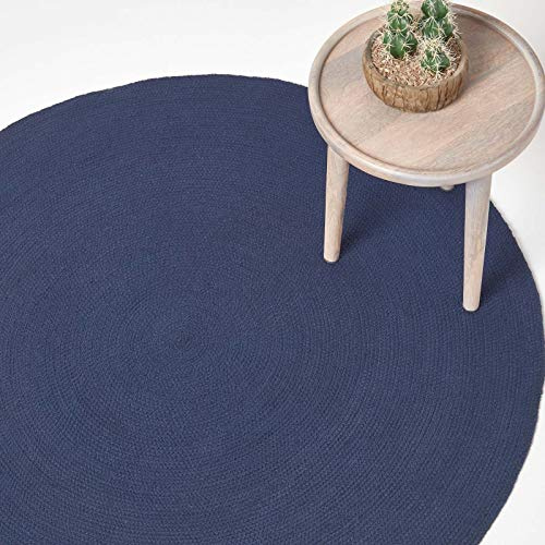 HOMESCAPES Navy Blue Handmade Braided Round Rug For Bedroom & Living Room Reversible Woven Cotton Circular Rug, 120 cm