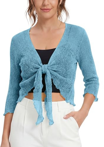 Love My Fashions® Women’s Fish Net Knitted Tie Up Bolero Shrug Top Ladies 3/4 Sleeve One Size Fits All Denim Blue