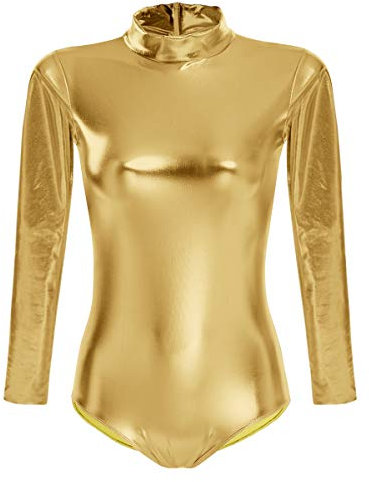 IBTOM CASTLE Ballettanzug Damen Frauen Langarm Body Ballett Trikot Turnanzug Gymnastikanzug Tanzen Bodysuit Tanztraining Gymnastik Kostüm Einteiler Metallic One Piece Leotards Oberteile Gold 2XL