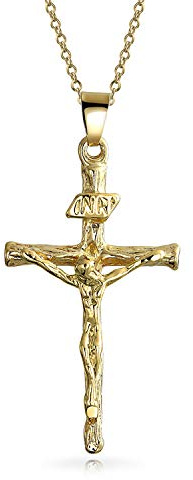 Bling Jewelry Collar Colgante De Cruz De Crucifijo Inri Religioso Cristiano Tradicional Para Mujeres Y Hombres Chapado En Oro De 18 Quilates