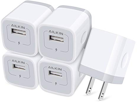 AILKIN USB Charger Wall Plug, [5Pack-1Port] Fast Charging Outlet AC Power Adapter Block Cube for iPhone, iPad, Samsung, Camera, Android or Type C Phones & Tablets Charge Multiple USB Hub Station Base