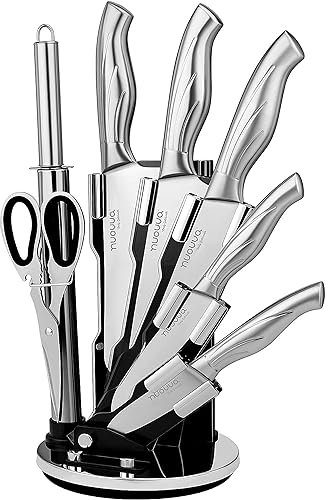 nuovva Kitchen Knife Set with Rotating Stand - Sharp Stainless Steel Knives Set - 360 Degree Rotating Block