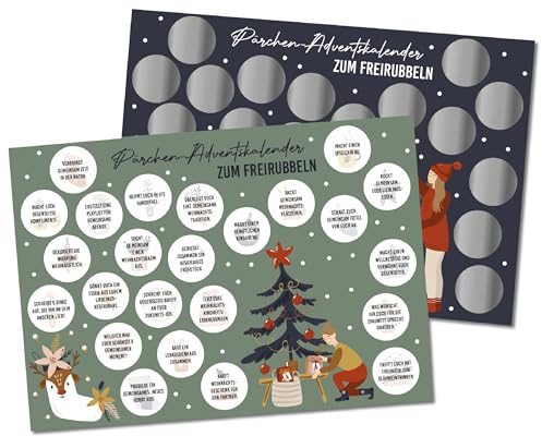Pappersdrake adventskalender med skrapfält – uppgifter par – 2 DIN A4-ark med 24 fält vardera med uppgifter för en vacker adventstid – set 1
