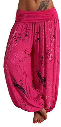 shownicer Damen Pumphose Haremshose Blumenmuster Sommer Boho Baggy Hose Ballonhose Pluderhose Yogahose Aladinhose Harem Stil mit Elastischen A Rosa XXL