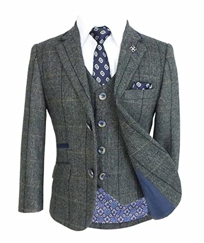 Boys Wool Blend Suit Herringbone Check Tweed 6 Piece Albert Grey, Age 14 Years