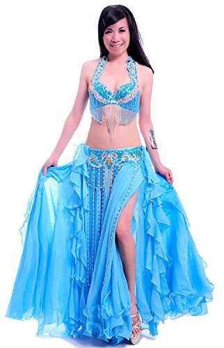 kzytamz Bauchtanz Kostüm Für Frauen Fransen Top BH Und Gürtel Tanz Schlitz Rock Set Professionelle Bauchtanz (M,Blue)