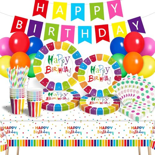 DUGEHO Stoviglie Compleanno per Feste Stoviglie Carta Set Include Piatti di Carta Tovaglioli Tazze Tovaglia Cannuccia, per Compleanni Matrimonio Nascita Battesimo Party ect (16 Ospiti)