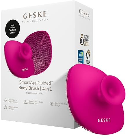 GESKE Body Brush | 4 in 1 | Spazzola detergente per tutto il corpo | Pulizia profonda professionale | Morbide setole in silicone | Design ergonomico per presa a due dita | Deterge/massaggia