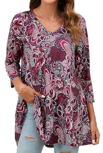 Enmain Tunika Damen Rosa 3/4 Ärmel Langarm Blusen Tuniken Für Damen Große Größen V Ausschnitt Paisley Elegant Festliche Longshirt Longbluse Lässig Für Leggings, 2XL