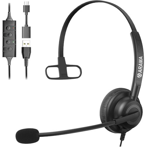 Arama Auriculares USB con micrófono con cancelación de ruido para PC, auriculares de computadora, auriculares USB mono con cable para laptop, clases en línea, centro de llamadas, negocios, reuniones