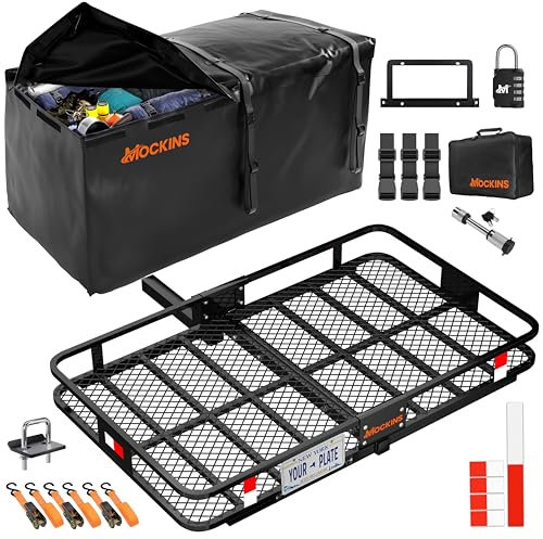Mockins 60x36x6 XL Folding Trailer Hitch Cargo Carrier & 35 Cu.Ft. Tow Hitch Cargo Carrier Bag | 500 Lbs. Capacity Luggage Rack for SUV Car Truck & Soft Waterproof Trailer Rack Bag with Accessories