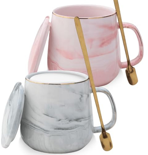 2 tazas de té de cerámica de 400 ml, tazas de mármol para parejas con tapa y cuchara, juego de regalos hermosa taza, taza de café de cerámica con tapa, regalo para boda, compromiso, aniversario de