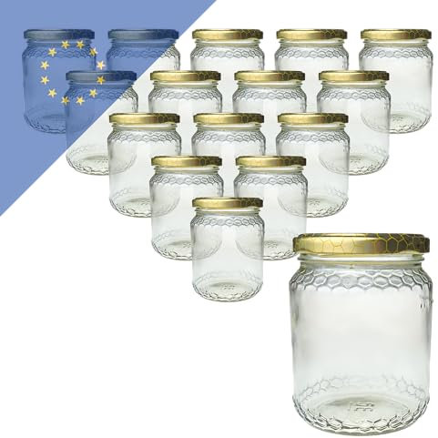 Verpackungsstadl Lot de 16 bocaux à miel Euro - Couvercle TO 70 doré motif nid d'abeille - Pour 1/2 kg de miel, confiture et sauces - Réutilisables