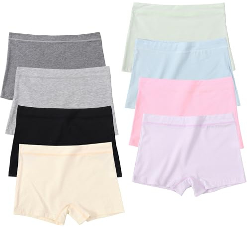 Aorine Pack of 8 Girls Knickers Soft Seamless Boxer Briefs Mid Waist Hipster Panties Teen Cotton Underwear,4-14 Years