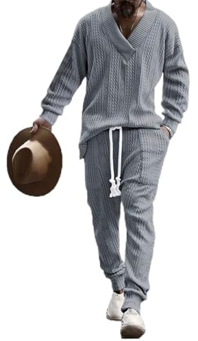 LIUPONHU Athleisure Cable Jacquard Set, Men's Casual V-Neck Long Sleeve Tops and Drawstring Jogging Suits 2 Piece Set