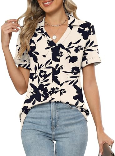 Rapbin Womens Summer Tops Short Sleeve V Neck Business Tunic Blouses Lapel Collar Dressy Casual Floral Polo Shirt Loose Work T-Shirts 2025(Apricot Black Floral,XXL)