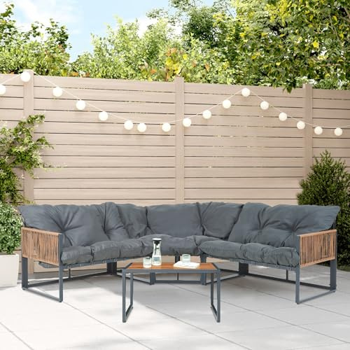 casa.pro Salon de Jardin 4 Pièces Table Basse avec Canapé Ensemble de Meubles Extérieur Résistant Mobilier Jardin Confortable Design Terrasse Patio Détente Acier SPC Polyester Gris Foncé Effet Rotin