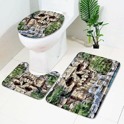 Badezimmerteppich Gelber Steinschädel WC Vorleger mit Ausschnitt WC Deckelbezug 3 Teiliges WC Teppich rutschfeste Badgarnitur U förmiger Badematte Waschbar Bad Teppiche Set 50x80 cm