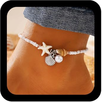 Wendalern Estrella De Mar Concha De Cuentas Pulsera De Tobillo Para Las Mujeres Blanco Perla Concha Encanto Cuentas De Semillas Tobillera De Cuentas Surfista Tobillo Cadena Verano Playa Pie Joyería