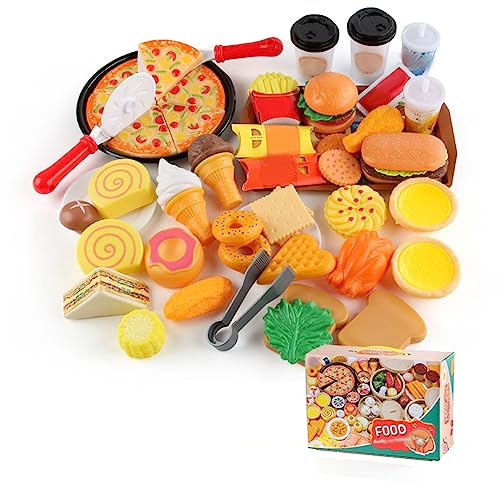Fauitay Lekmatset för Barn Kök, 56st Leksaksmatset med Pizzaleksak, Plastmatskärleksaker, Lekkökstillbehör, för Barn Småbarn Pojkar Flickor