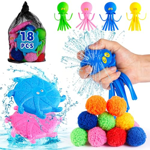 LQYoyz 18 Pcs Reusable Water Balloons for Kids - Quick Fill Water Toys for Toddler Pool Toys, Summer Outdoor Games pool toys for kids ages 4-12 with Refillable Water Balls