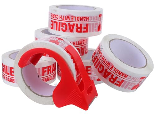 ZUNOXAZ Nastro da Imballaggio Fragile Rosso con Dispenser da Tavolo, Set da 7 Pezzi per Imballaggio e Spedizioni Sicure, Etichette di Avviso per Protezione Merci e Traslochi