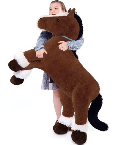 MorisMos Giant Horse Teddy Soft Toy, 120cm Big Dark Brown Horse Stuffed Animal Kawaii Large Pony Plush Cuddly Toys, XXL Fluffy Horses Gift for Kids Birthday Deco