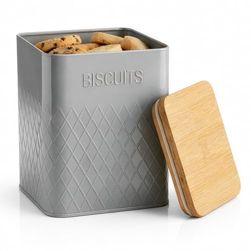 WINSOME Biscuit Barrel | 3.2 Litre Biscuit Tin | Airtight Bamboo Lid Biscuit Container| Grey Square Metal Biscuit Tin For Keeping Your Cookies Fresh & Protected (Grey Square)