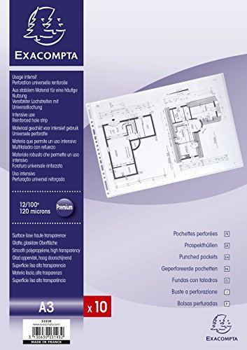 Exacompta 3193E 10er Pack Premium PVC-Kunststoff Prospekthüllen. Für DIN A3 Quer transparent glasklar oben offen Klarsichtfolie Plastikhülle Klarsichthülle ideal für Ordner Ringbücher und Hefter