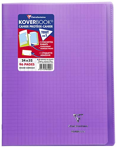 Clairefontaine 981405C – skolhäftapparat/anteckningsbok DIN A4 24 x 32 cm 48 ark 90 g, fransk linjatur, omslag av transparent polypropen, robust, häftad, violett, 1 styck