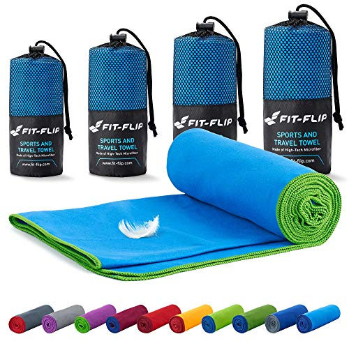 Fit-Flip Mikrofaser Handtuch - kompakt, leicht und schnelltrocknend - Microfaser Handtücher - als Reisehandtuch, Sporthandtuch, Strandtuch und Badetuch groß (40x80cm, Blau mit Grünen Rand)